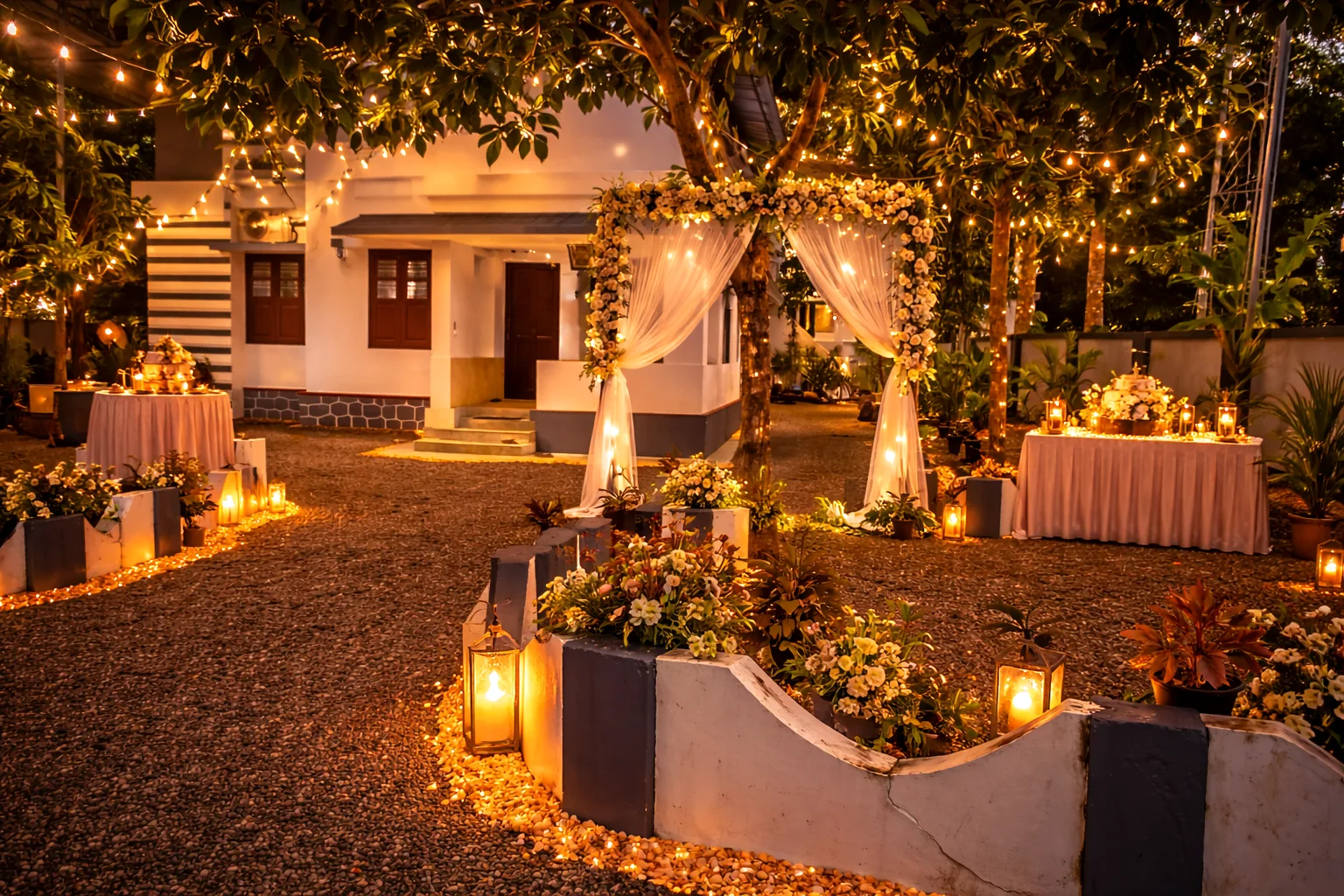Layanila garden decorated for an evening celebration