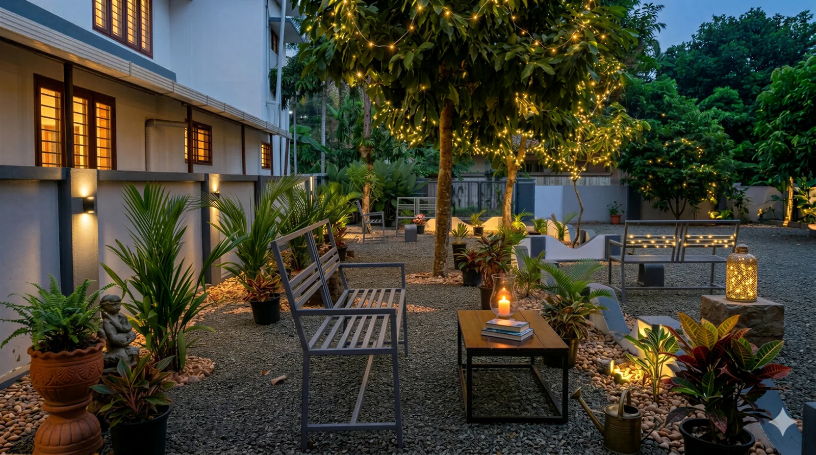 Layanila homestay garden with warm evening lights