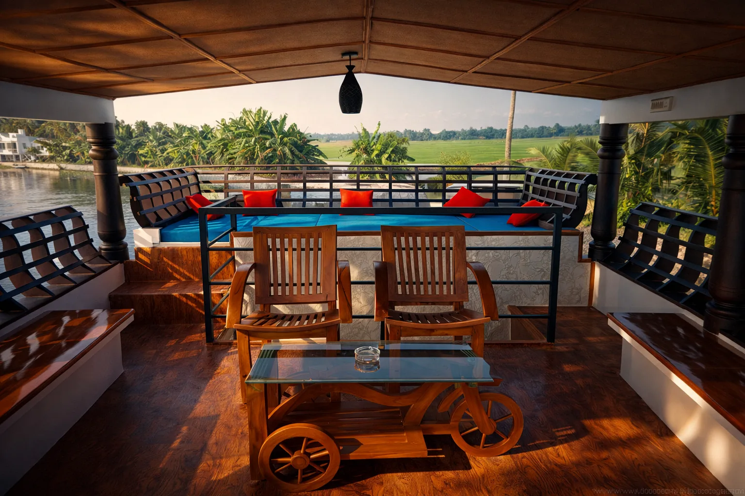 Upper deck seating aboard Layanila Houseboats