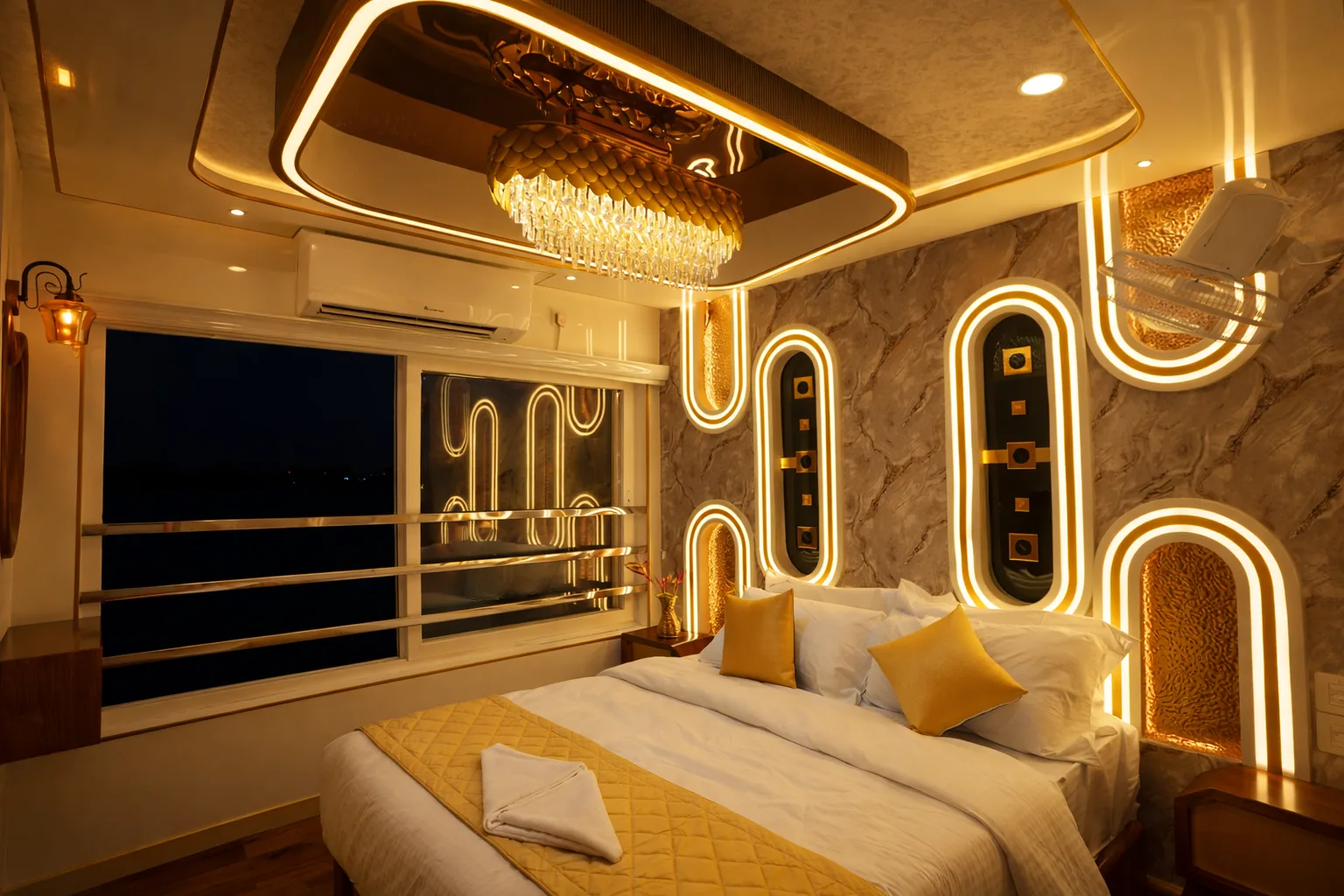 Warm luxury bedroom aboard Layanila Houseboats